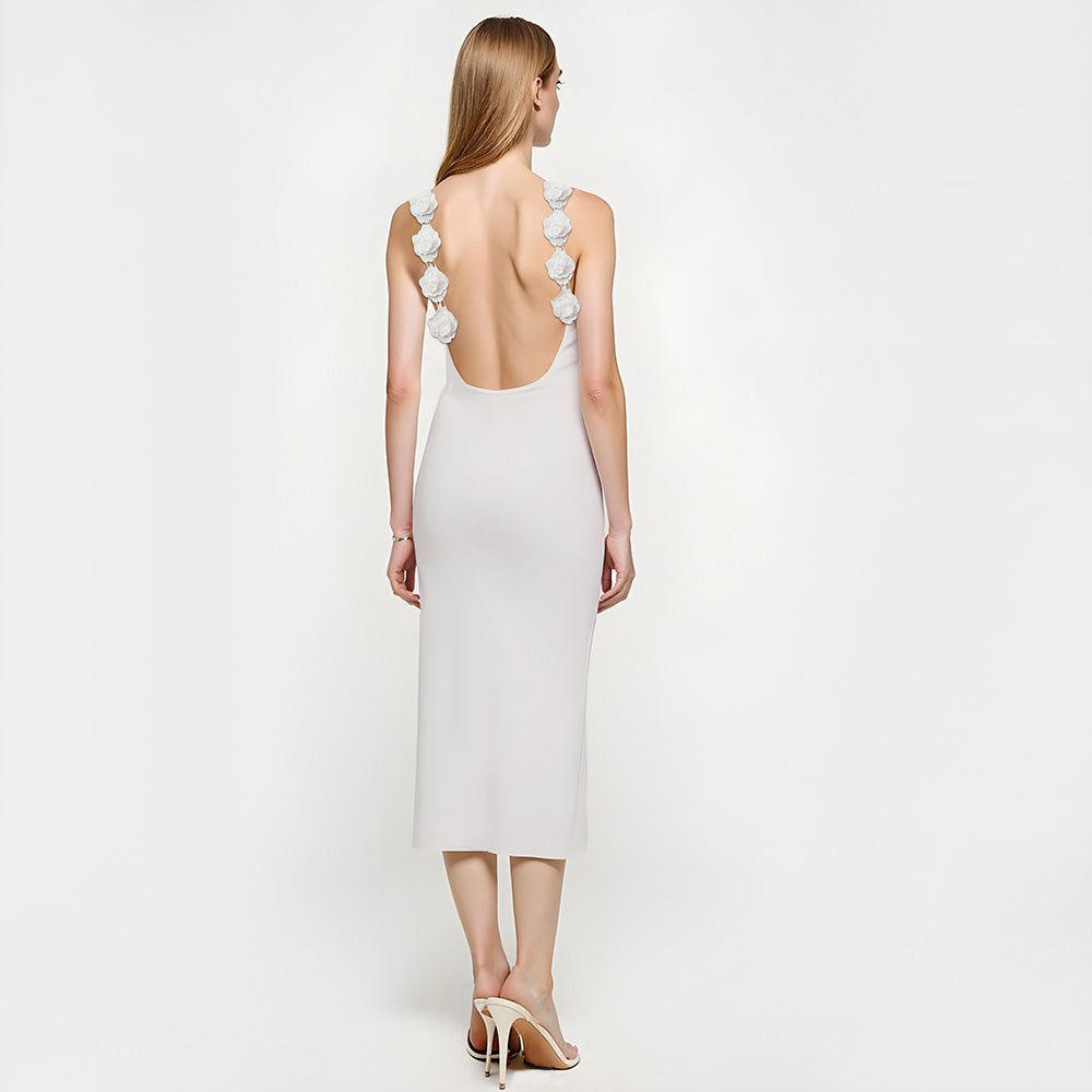 Violet | Elegant Öppen Rygg Midi Klänning med Blomdetaljer